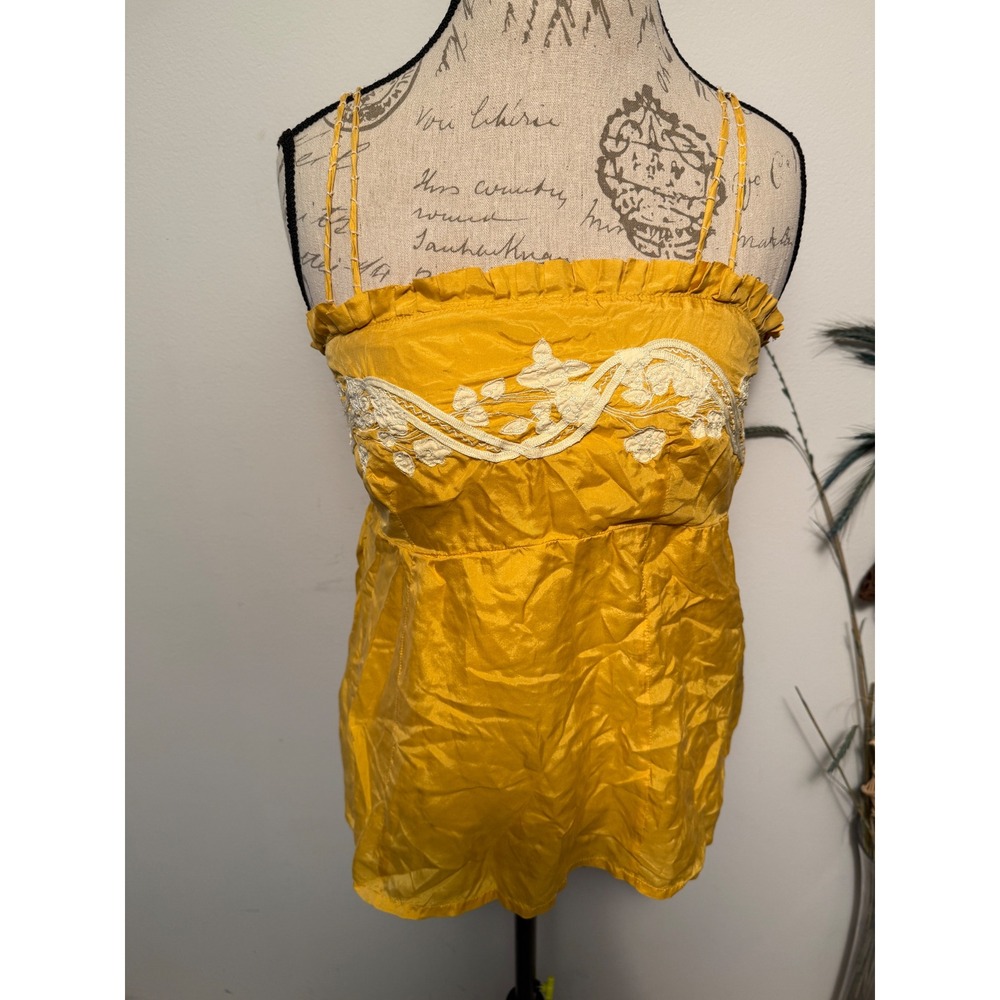 One Season Silk Embroidered Cami Top Ruffle‎ Straps Yellow Size M